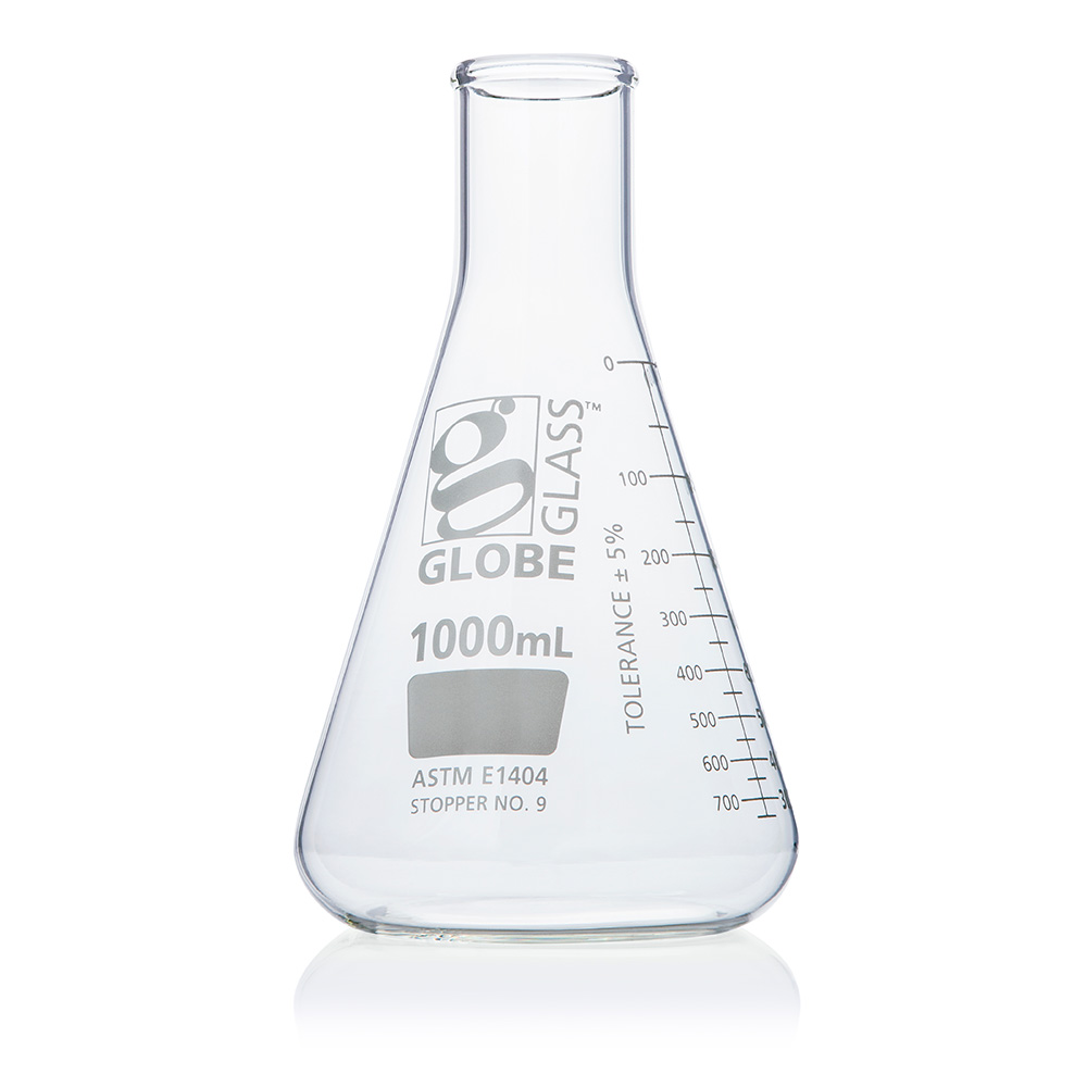 Globe Scientific Flask, Erlenmeyer, Globe Glass, 1000mL, Narrow Mouth, Dual Graduations, ASTM E1404, 6/Box Image